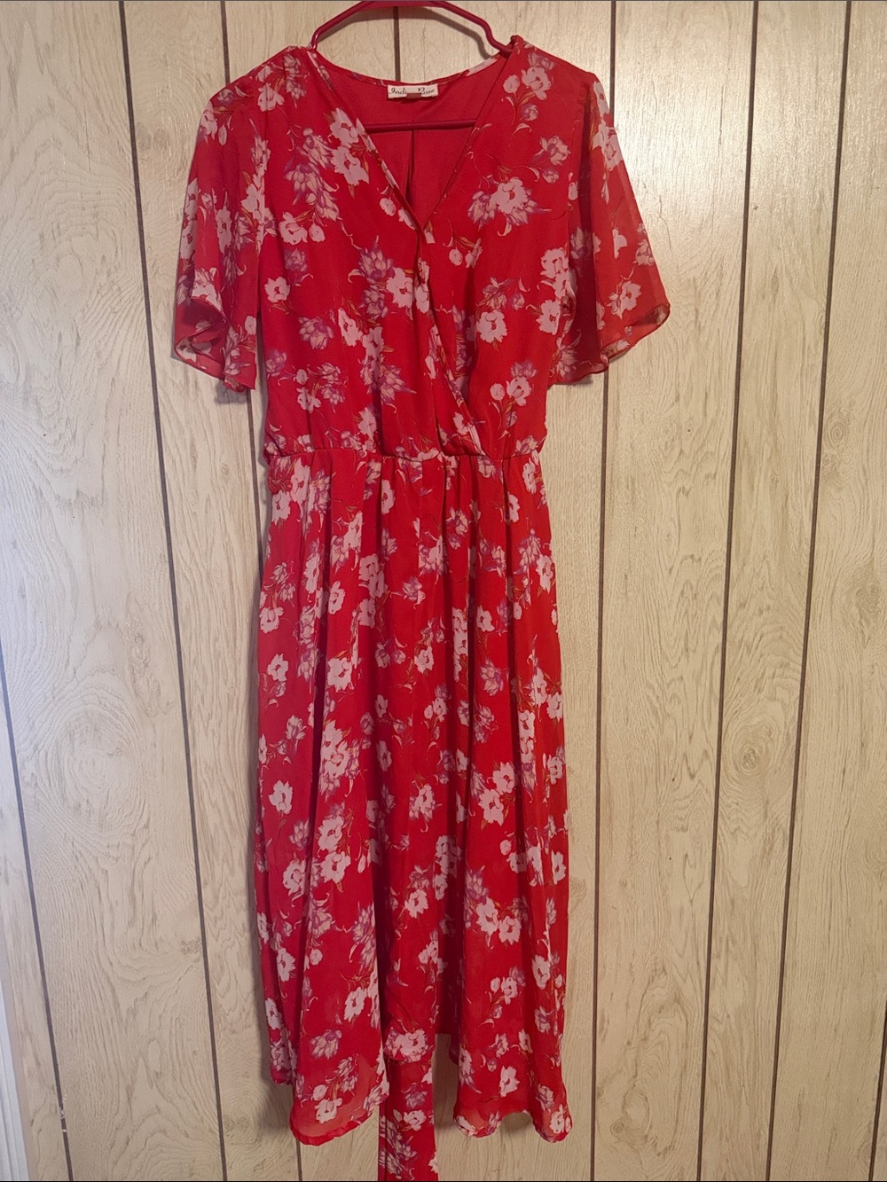 Red Floral Wrap Midi Dress with Flutter Sleeves